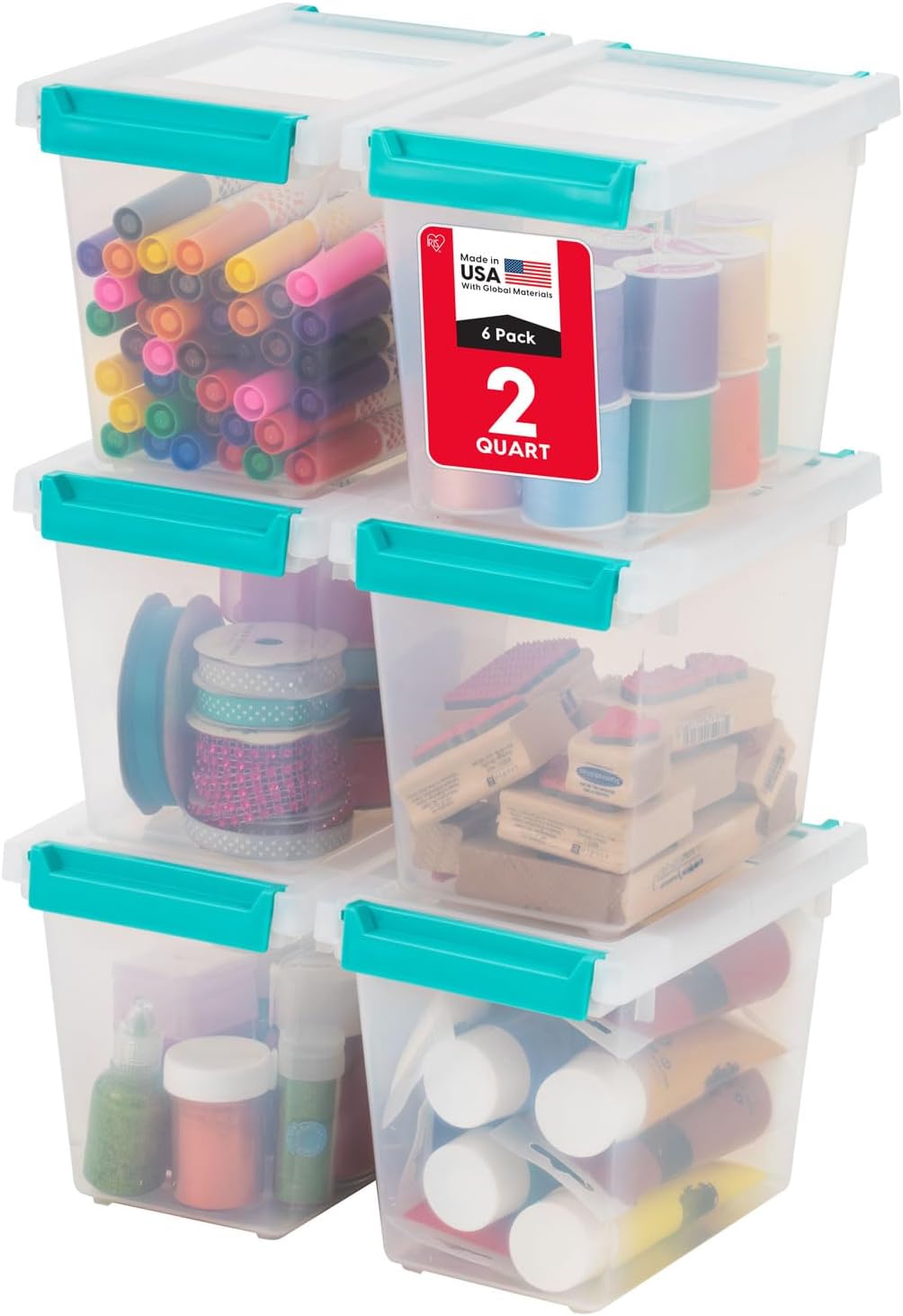 Storage Bins with Lids |Made in USA| 2 Qt - - Clear | Sensory Craft Organizers, Plastic Clip Box Totes, Flat Containers for Organizing Paper, Office, Art & Study Supplies
