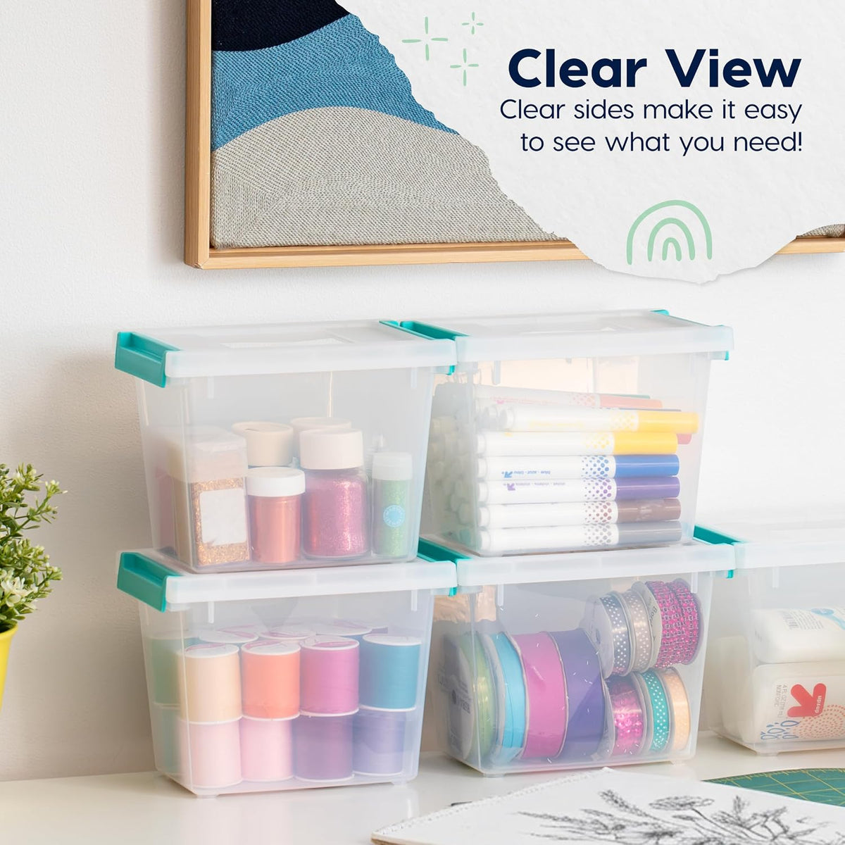 Storage Bins with Lids |Made in USA| 2 Qt - - Clear | Sensory Craft Organizers, Plastic Clip Box Totes, Flat Containers for Organizing Paper, Office, Art & Study Supplies