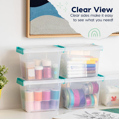 Storage Bins with Lids |Made in USA| 2 Qt - - Clear | Sensory Craft Organizers, Plastic Clip Box Totes, Flat Containers for Organizing Paper, Office, Art & Study Supplies