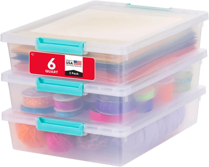 Storage Bins with Lids |Made in USA| 2 Qt - - Clear | Sensory Craft Organizers, Plastic Clip Box Totes, Flat Containers for Organizing Paper, Office, Art & Study Supplies