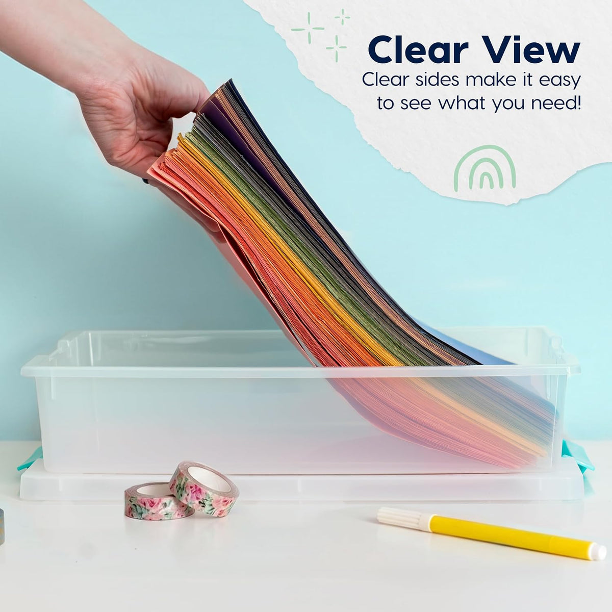 Storage Bins with Lids |Made in USA| 2 Qt - - Clear | Sensory Craft Organizers, Plastic Clip Box Totes, Flat Containers for Organizing Paper, Office, Art & Study Supplies