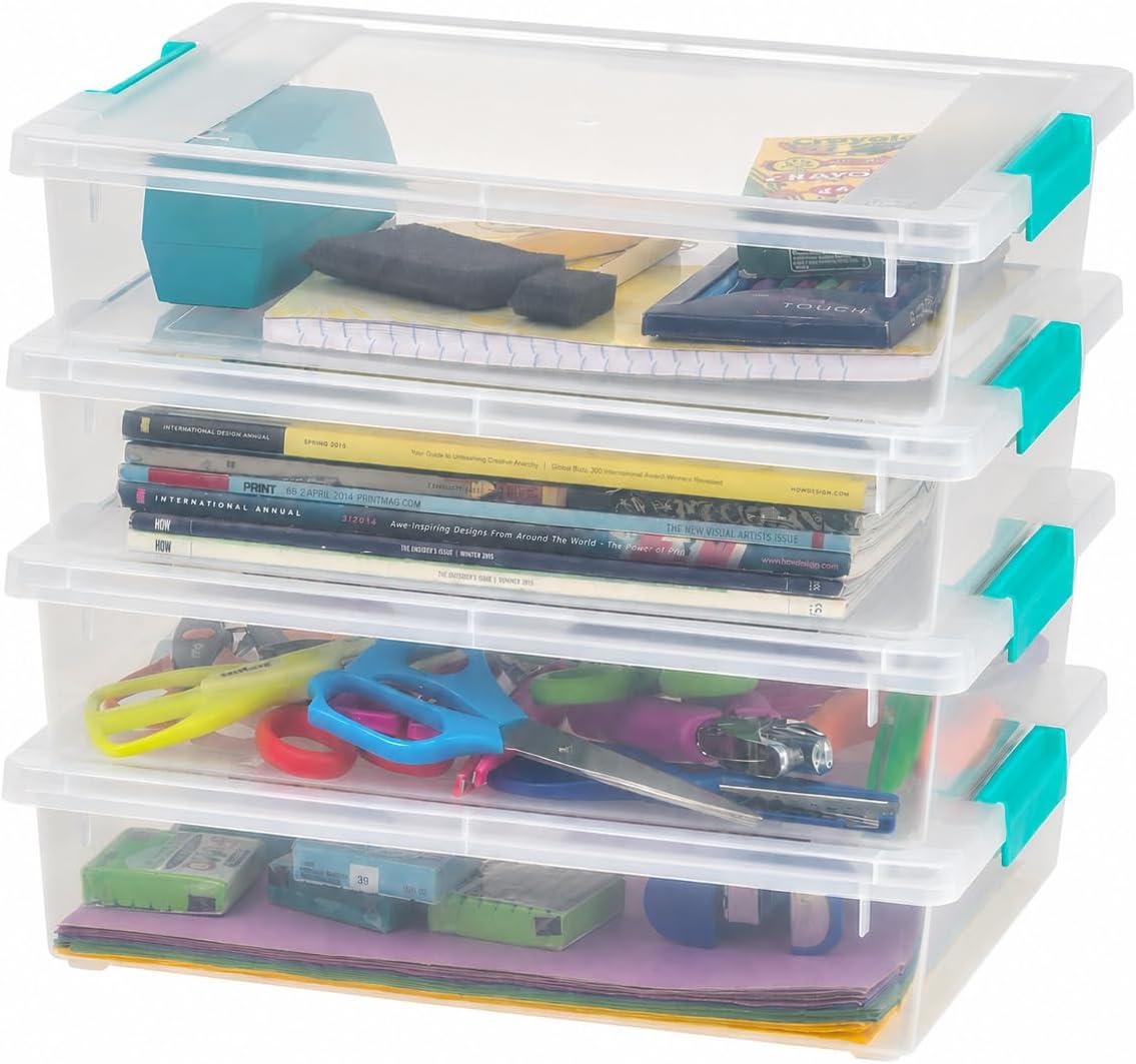 Storage Bins with Lids |Made in USA| 2 Qt - - Clear | Sensory Craft Organizers, Plastic Clip Box Totes, Flat Containers for Organizing Paper, Office, Art & Study Supplies