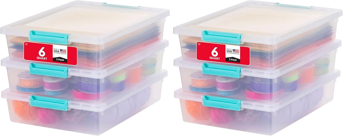 Storage Bins with Lids |Made in USA| 2 Qt - - Clear | Sensory Craft Organizers, Plastic Clip Box Totes, Flat Containers for Organizing Paper, Office, Art & Study Supplies