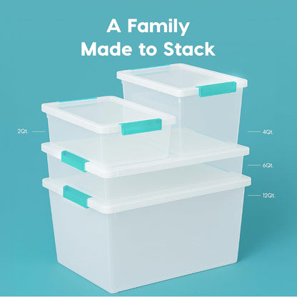 Storage Bins with Lids |Made in USA| 2 Qt - - Clear | Sensory Craft Organizers, Plastic Clip Box Totes, Flat Containers for Organizing Paper, Office, Art & Study Supplies