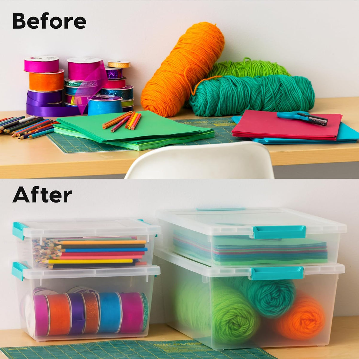 Storage Bins with Lids |Made in USA| 2 Qt - - Clear | Sensory Craft Organizers, Plastic Clip Box Totes, Flat Containers for Organizing Paper, Office, Art & Study Supplies