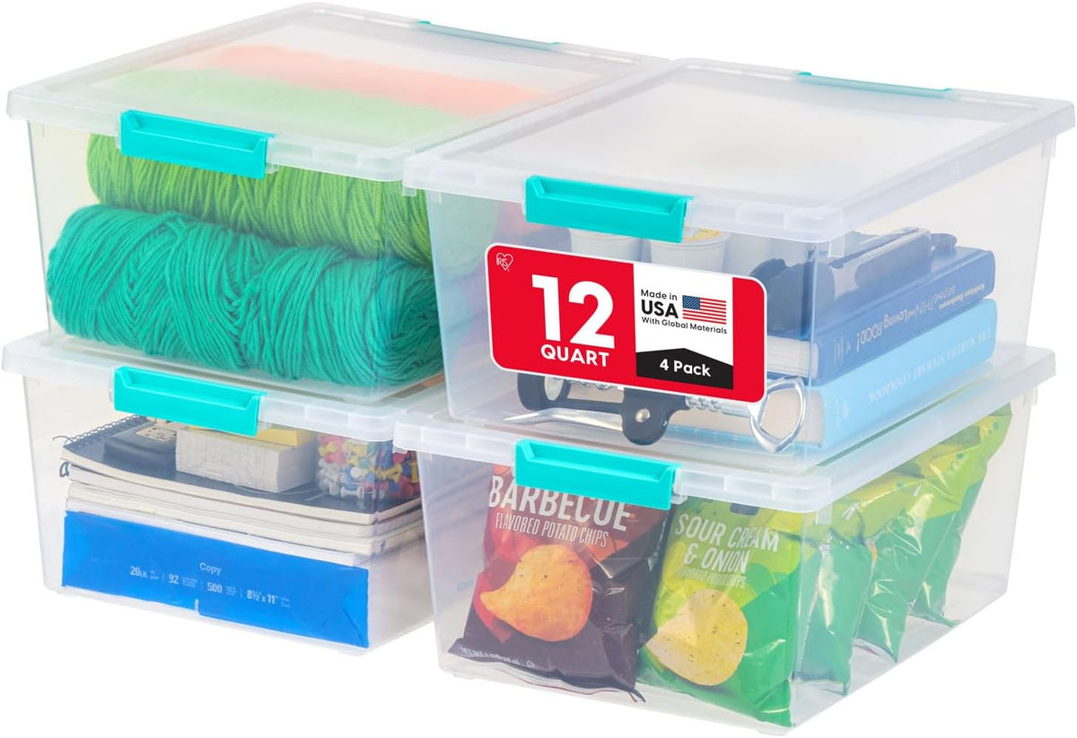 Storage Bins with Lids |Made in USA| 2 Qt - - Clear | Sensory Craft Organizers, Plastic Clip Box Totes, Flat Containers for Organizing Paper, Office, Art & Study Supplies
