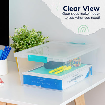 Storage Bins with Lids |Made in USA| 2 Qt - - Clear | Sensory Craft Organizers, Plastic Clip Box Totes, Flat Containers for Organizing Paper, Office, Art & Study Supplies