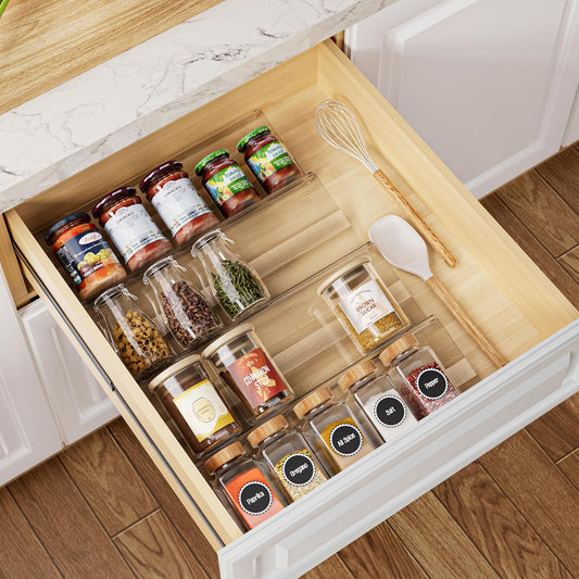 Spice Drawer Organizer, Expandable Acrylic Seasoning Rack (13" to 26") with Anti-Slip Mat, Kitchen Spice Rack Holds up to 56 Jars (Jars Not Included)