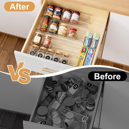 Spice Drawer Organizer, Expandable Acrylic Seasoning Rack (13" to 26") with Anti-Slip Mat, Kitchen Spice Rack Holds up to 56 Jars (Jars Not Included)
