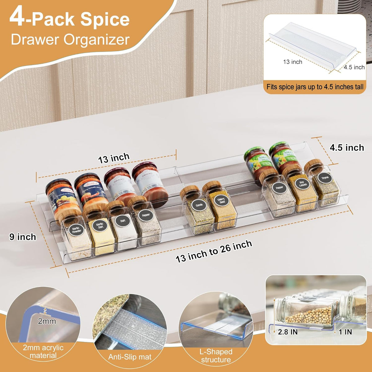 Spice Drawer Organizer, Expandable Acrylic Seasoning Rack (13" to 26") with Anti-Slip Mat, Kitchen Spice Rack Holds up to 56 Jars (Jars Not Included)