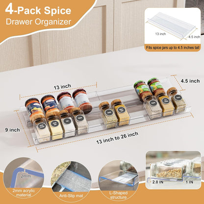 Spice Drawer Organizer, Expandable Acrylic Seasoning Rack (13" to 26") with Anti-Slip Mat, Kitchen Spice Rack Holds up to 56 Jars (Jars Not Included)