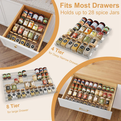 Spice Drawer Organizer, Expandable Acrylic Seasoning Rack (13" to 26") with Anti-Slip Mat, Kitchen Spice Rack Holds up to 56 Jars (Jars Not Included)