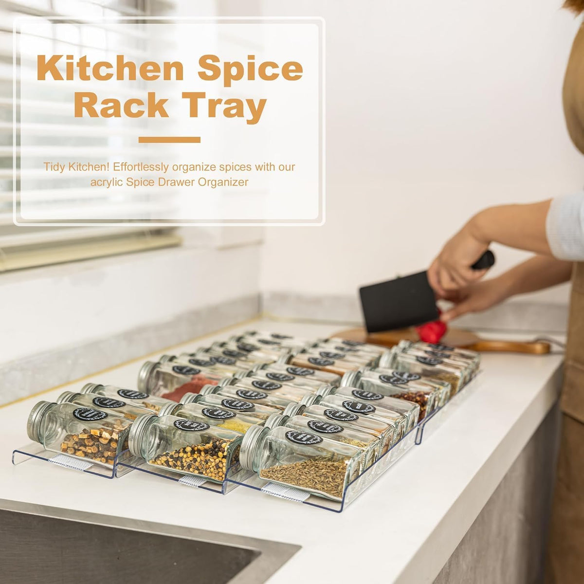 Spice Drawer Organizer, Expandable Acrylic Seasoning Rack (13" to 26") with Anti-Slip Mat, Kitchen Spice Rack Holds up to 56 Jars (Jars Not Included)