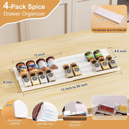 Spice Drawer Organizer, Expandable Acrylic Seasoning Rack (13" to 26") with Anti-Slip Mat, Kitchen Spice Rack Holds up to 56 Jars (Jars Not Included)