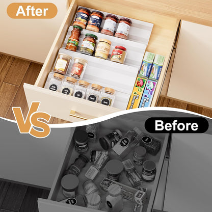 Spice Drawer Organizer, Expandable Acrylic Seasoning Rack (13" to 26") with Anti-Slip Mat, Kitchen Spice Rack Holds up to 56 Jars (Jars Not Included)