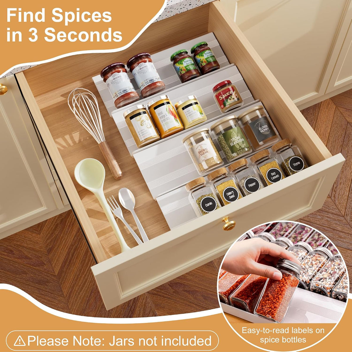 Spice Drawer Organizer, Expandable Acrylic Seasoning Rack (13" to 26") with Anti-Slip Mat, Kitchen Spice Rack Holds up to 56 Jars (Jars Not Included)