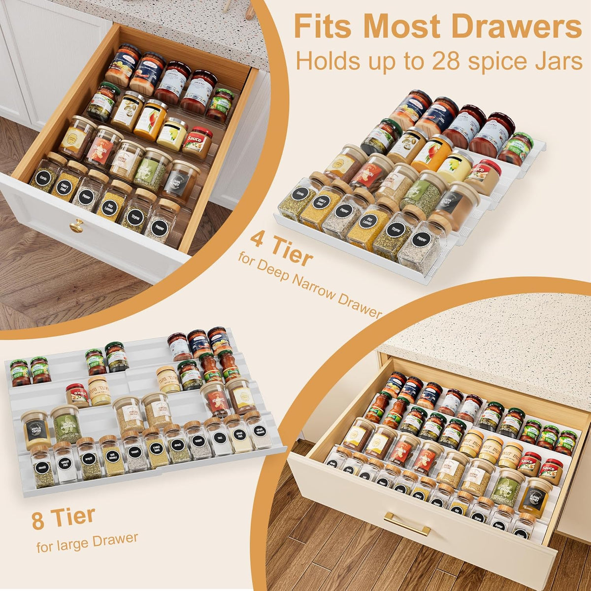 Spice Drawer Organizer, Expandable Acrylic Seasoning Rack (13" to 26") with Anti-Slip Mat, Kitchen Spice Rack Holds up to 56 Jars (Jars Not Included)