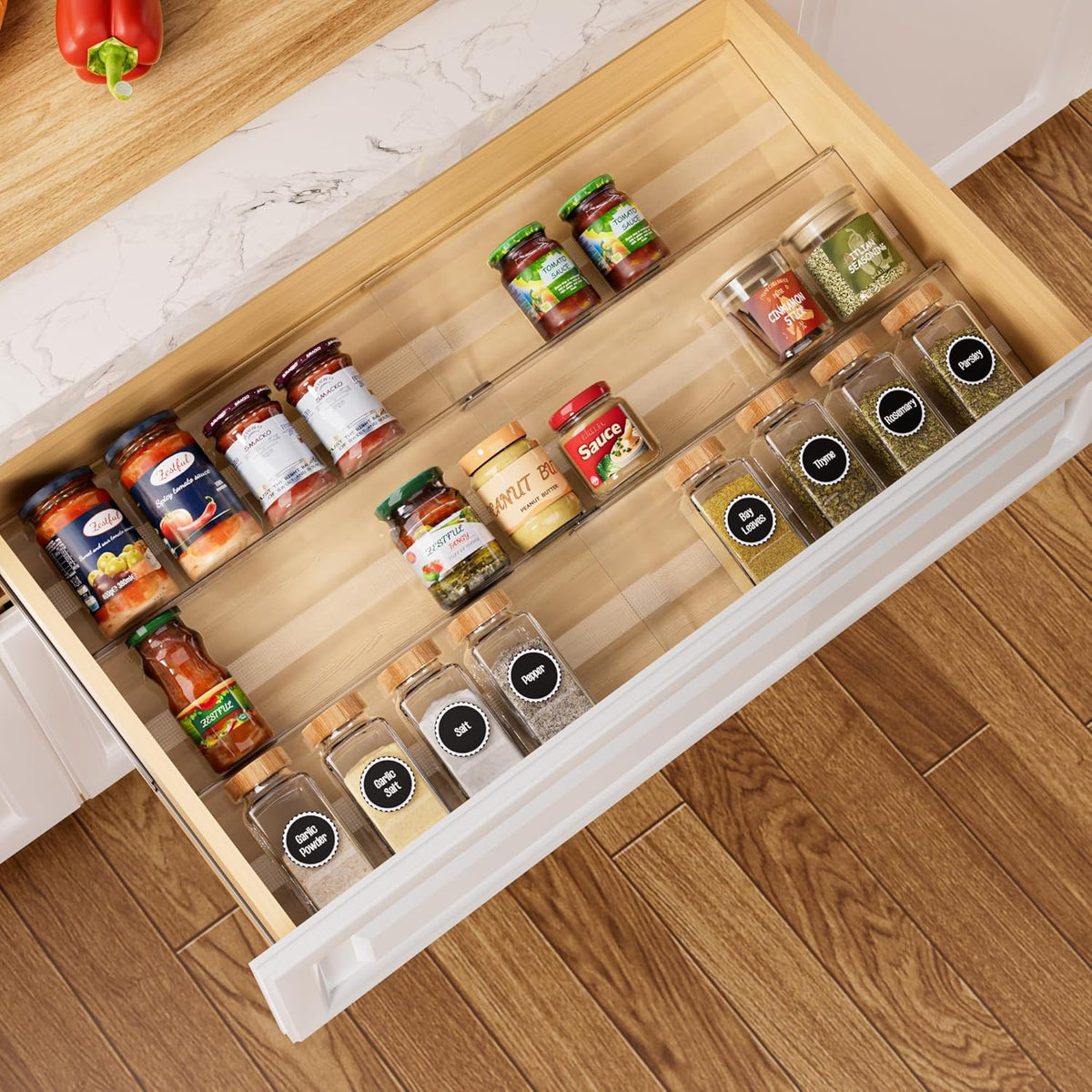 Spice Drawer Organizer, Expandable Acrylic Seasoning Rack (13" to 26") with Anti-Slip Mat, Kitchen Spice Rack Holds up to 56 Jars (Jars Not Included)