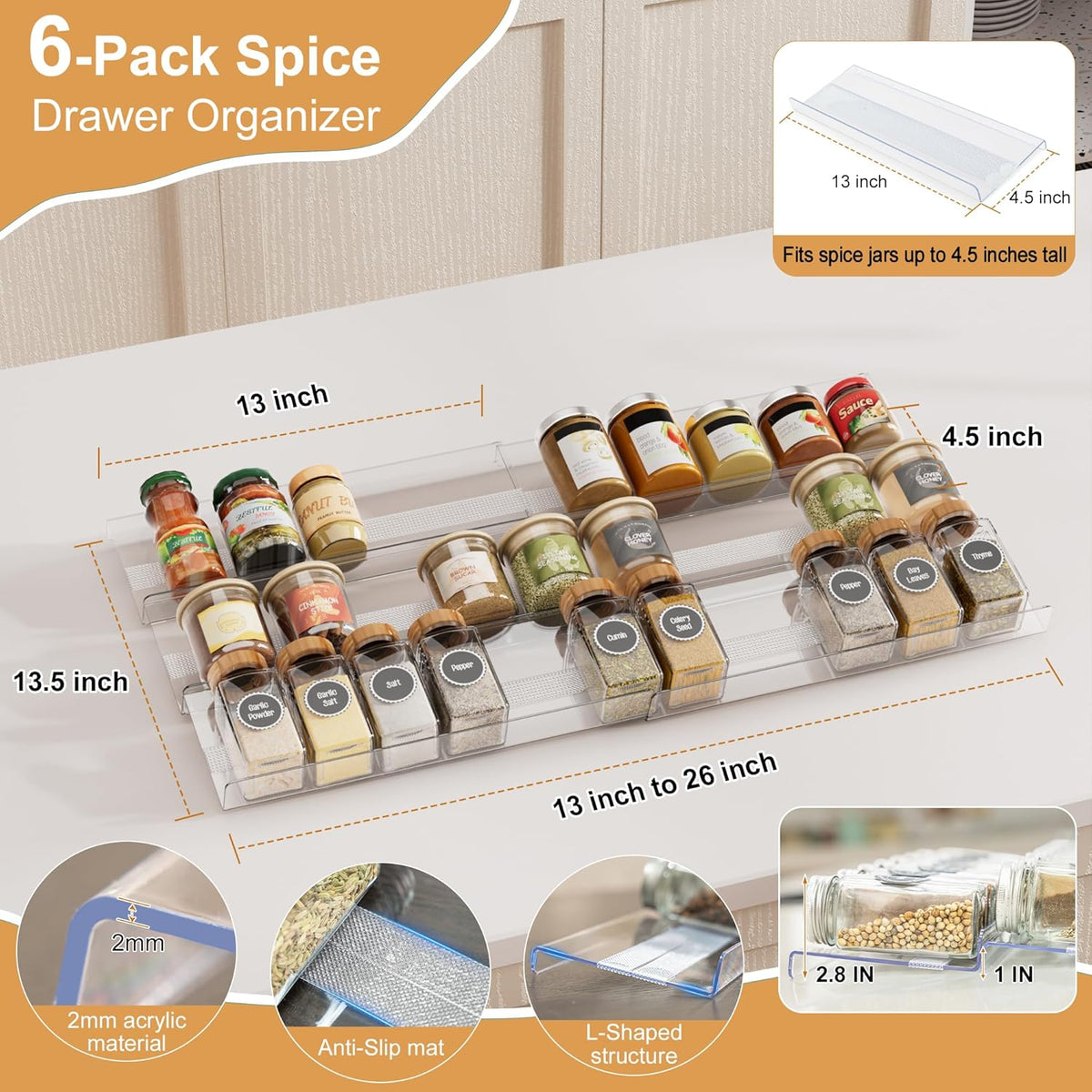Spice Drawer Organizer, Expandable Acrylic Seasoning Rack (13" to 26") with Anti-Slip Mat, Kitchen Spice Rack Holds up to 56 Jars (Jars Not Included)