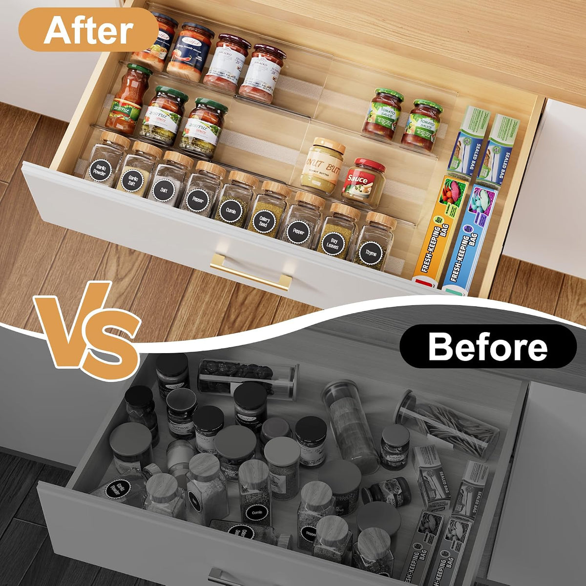 Spice Drawer Organizer, Expandable Acrylic Seasoning Rack (13" to 26") with Anti-Slip Mat, Kitchen Spice Rack Holds up to 56 Jars (Jars Not Included)