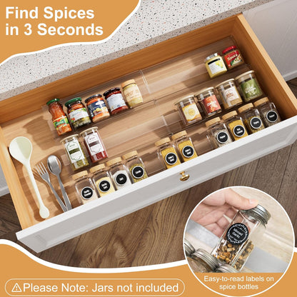 Spice Drawer Organizer, Expandable Acrylic Seasoning Rack (13" to 26") with Anti-Slip Mat, Kitchen Spice Rack Holds up to 56 Jars (Jars Not Included)