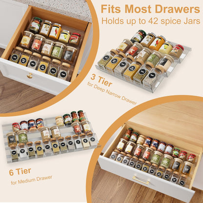 Spice Drawer Organizer, Expandable Acrylic Seasoning Rack (13" to 26") with Anti-Slip Mat, Kitchen Spice Rack Holds up to 56 Jars (Jars Not Included)