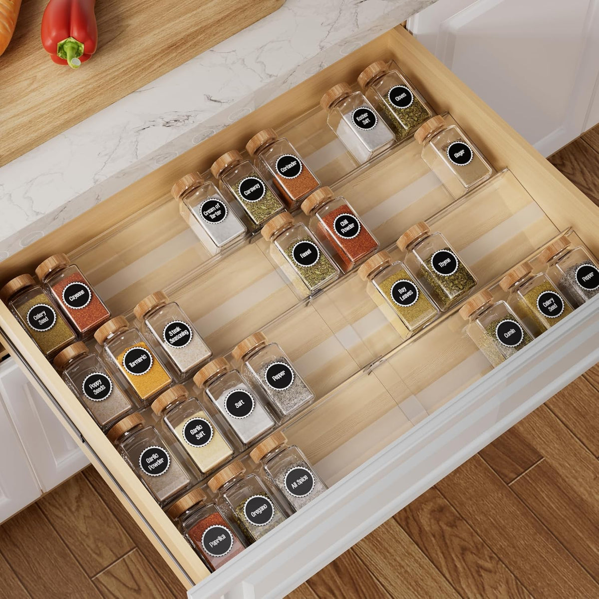 Spice Drawer Organizer, Expandable Acrylic Seasoning Rack (13" to 26") with Anti-Slip Mat, Kitchen Spice Rack Holds up to 56 Jars (Jars Not Included)