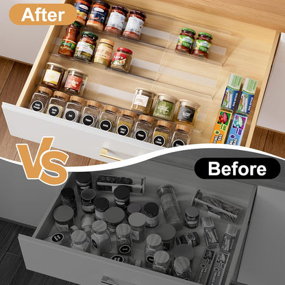 Spice Drawer Organizer, Expandable Acrylic Seasoning Rack (13" to 26") with Anti-Slip Mat, Kitchen Spice Rack Holds up to 56 Jars (Jars Not Included)