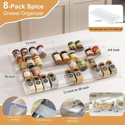 Spice Drawer Organizer, Expandable Acrylic Seasoning Rack (13" to 26") with Anti-Slip Mat, Kitchen Spice Rack Holds up to 56 Jars (Jars Not Included)