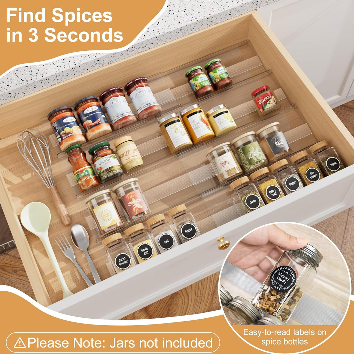 Spice Drawer Organizer, Expandable Acrylic Seasoning Rack (13" to 26") with Anti-Slip Mat, Kitchen Spice Rack Holds up to 56 Jars (Jars Not Included)