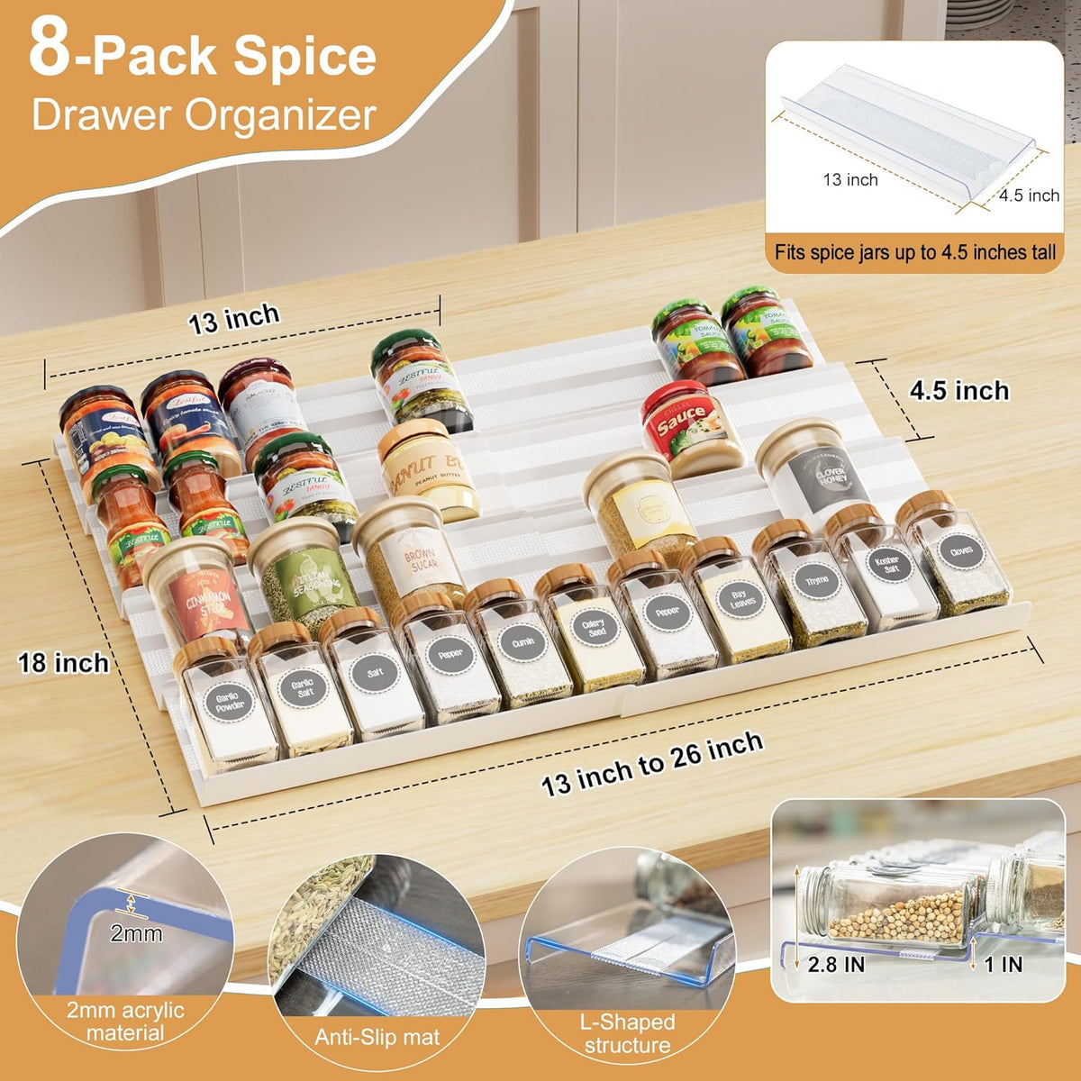 Spice Drawer Organizer, Expandable Acrylic Seasoning Rack (13" to 26") with Anti-Slip Mat, Kitchen Spice Rack Holds up to 56 Jars (Jars Not Included)