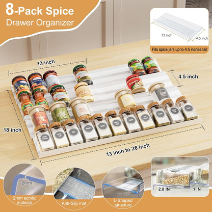 Spice Drawer Organizer, Expandable Acrylic Seasoning Rack (13" to 26") with Anti-Slip Mat, Kitchen Spice Rack Holds up to 56 Jars (Jars Not Included)