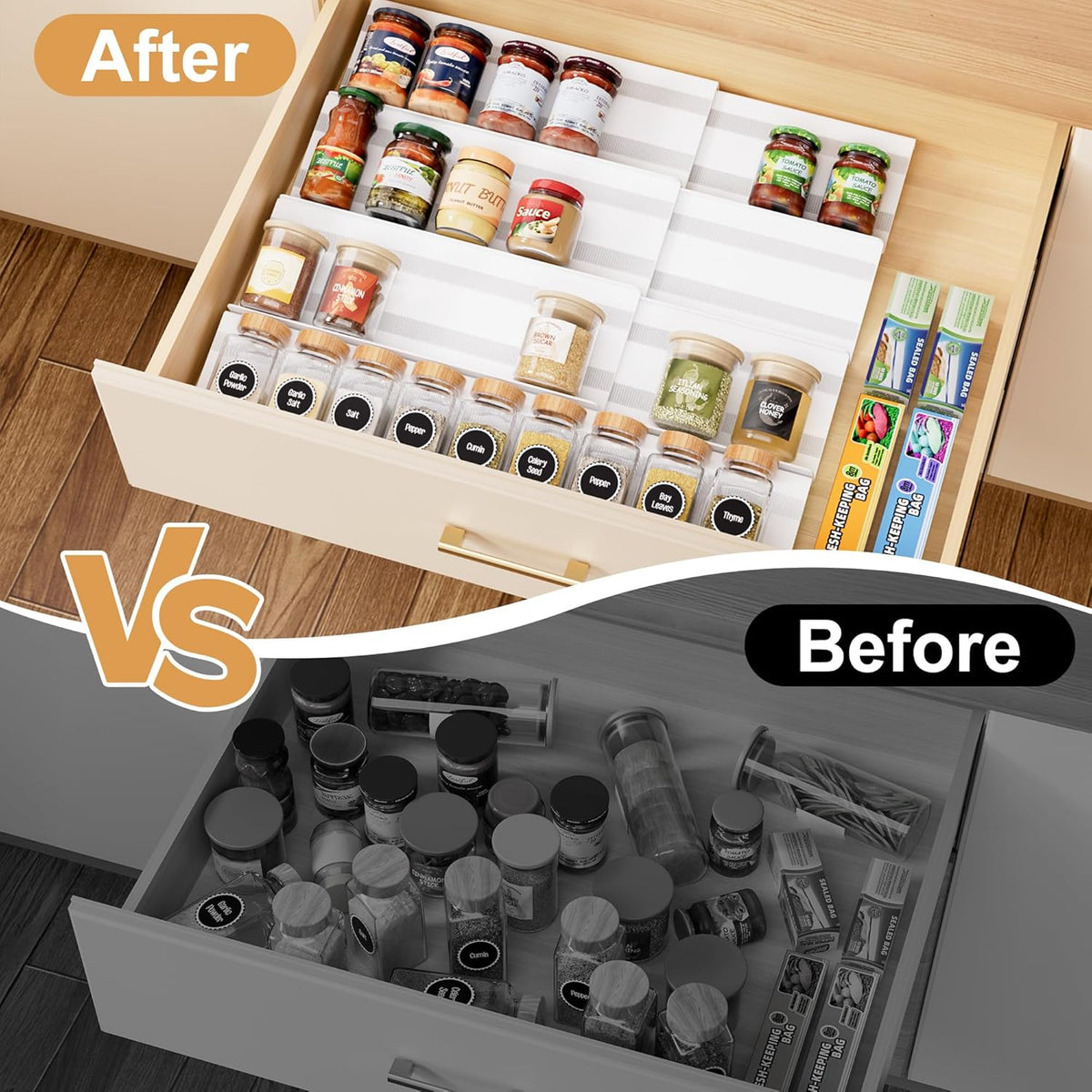 Spice Drawer Organizer, Expandable Acrylic Seasoning Rack (13" to 26") with Anti-Slip Mat, Kitchen Spice Rack Holds up to 56 Jars (Jars Not Included)