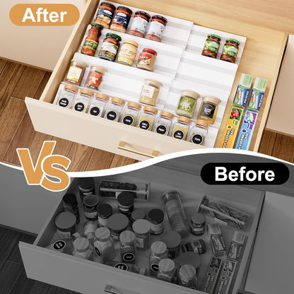 Spice Drawer Organizer, Expandable Acrylic Seasoning Rack (13" to 26") with Anti-Slip Mat, Kitchen Spice Rack Holds up to 56 Jars (Jars Not Included)