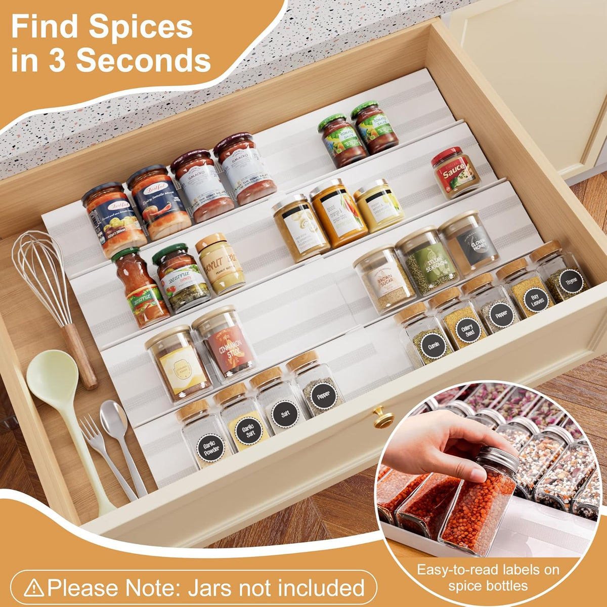 Spice Drawer Organizer, Expandable Acrylic Seasoning Rack (13" to 26") with Anti-Slip Mat, Kitchen Spice Rack Holds up to 56 Jars (Jars Not Included)
