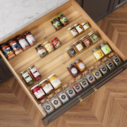Spice Drawer Organizer, Expandable Acrylic Seasoning Rack (13" to 26") with Anti-Slip Mat, Kitchen Spice Rack Holds up to 56 Jars (Jars Not Included)