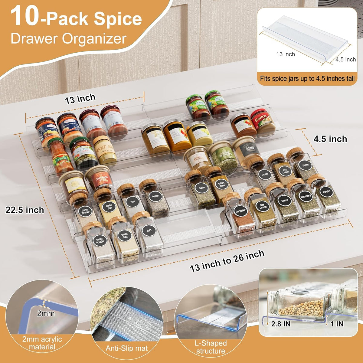 Spice Drawer Organizer, Expandable Acrylic Seasoning Rack (13" to 26") with Anti-Slip Mat, Kitchen Spice Rack Holds up to 56 Jars (Jars Not Included)
