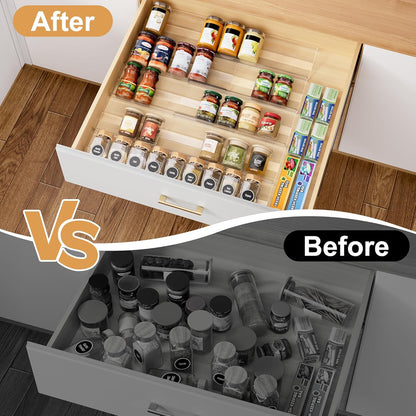 Spice Drawer Organizer, Expandable Acrylic Seasoning Rack (13" to 26") with Anti-Slip Mat, Kitchen Spice Rack Holds up to 56 Jars (Jars Not Included)