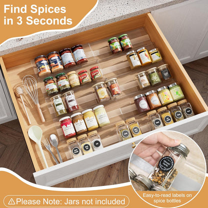 Spice Drawer Organizer, Expandable Acrylic Seasoning Rack (13" to 26") with Anti-Slip Mat, Kitchen Spice Rack Holds up to 56 Jars (Jars Not Included)