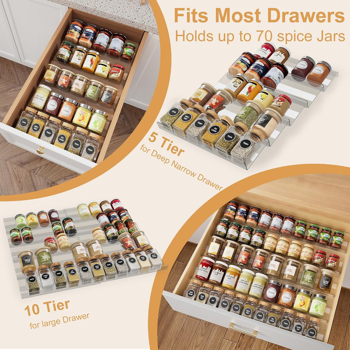 Spice Drawer Organizer, Expandable Acrylic Seasoning Rack (13" to 26") with Anti-Slip Mat, Kitchen Spice Rack Holds up to 56 Jars (Jars Not Included)