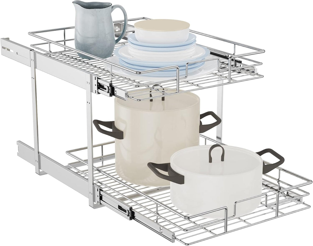 Individual Pull Out Cabinet Organizer, 2 Tier Slide Out Cabinet Drawers, Pots and Pans Organizer and Storage Pantry Shelf for Kitchen (17" W x 21" D)