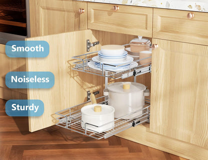 Individual Pull Out Cabinet Organizer, 2 Tier Slide Out Cabinet Drawers, Pots and Pans Organizer and Storage Pantry Shelf for Kitchen (17" W x 21" D)