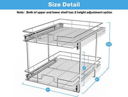Individual Pull Out Cabinet Organizer, 2 Tier Slide Out Cabinet Drawers, Pots and Pans Organizer and Storage Pantry Shelf for Kitchen (17" W x 21" D)