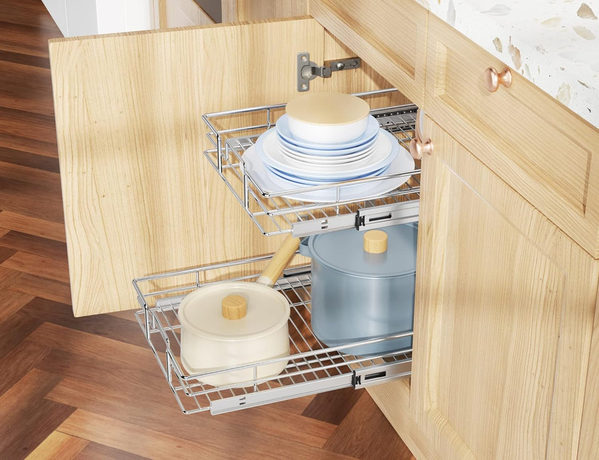 Individual Pull Out Cabinet Organizer, 2 Tier Slide Out Cabinet Drawers, Pots and Pans Organizer and Storage Pantry Shelf for Kitchen (17" W x 21" D)