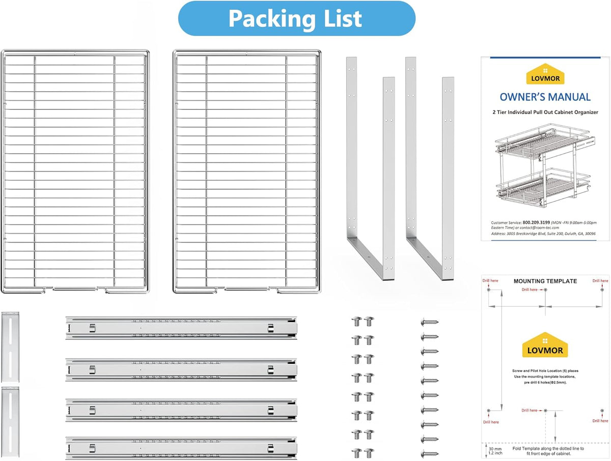 Individual Pull Out Cabinet Organizer, 2 Tier Slide Out Cabinet Drawers, Pots and Pans Organizer and Storage Pantry Shelf for Kitchen (17" W x 21" D)