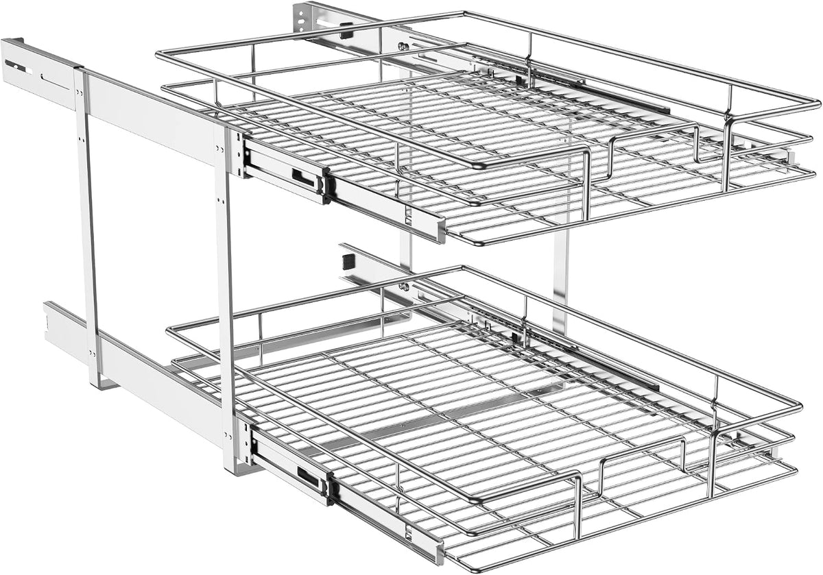 Individual Pull Out Cabinet Organizer, 2 Tier Slide Out Cabinet Drawers, Pots and Pans Organizer and Storage Pantry Shelf for Kitchen (17" W x 21" D)