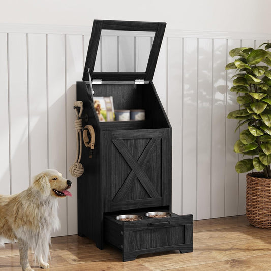 Dog Feeding Station with Storage Cabinet & 2 Elevated Bowls,Black