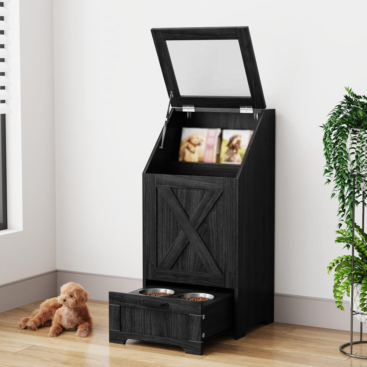 Dog Feeding Station with Storage Cabinet & 2 Elevated Bowls,Black