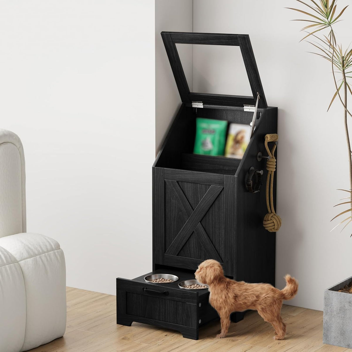 Dog Feeding Station with Storage Cabinet & 2 Elevated Bowls,Black