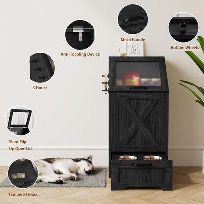 Dog Feeding Station with Storage Cabinet & 2 Elevated Bowls,Black